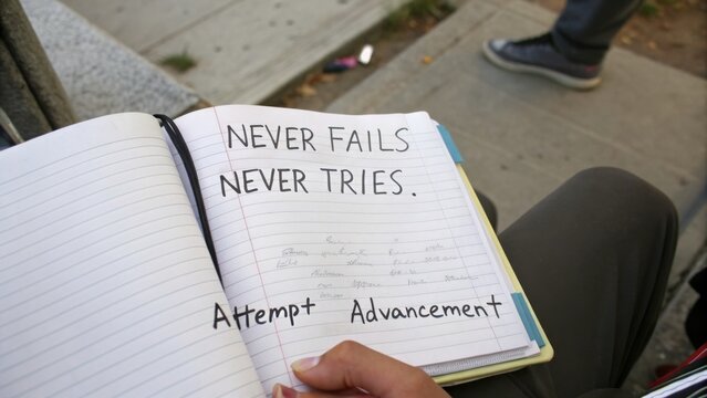 Open notebook with motivational quotes to inspire creativity and growth in personal development, highlighting the importance of perseverance and effort