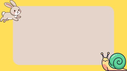 Cute cartoon rabbit and snail on a soft pastel background with a light brown rectangle for text, perfect for invitations or notes © asasima