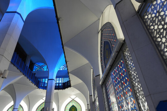 Beautiful islamic architecture and arches inside a mosque in Malaysia in Dec 2025.