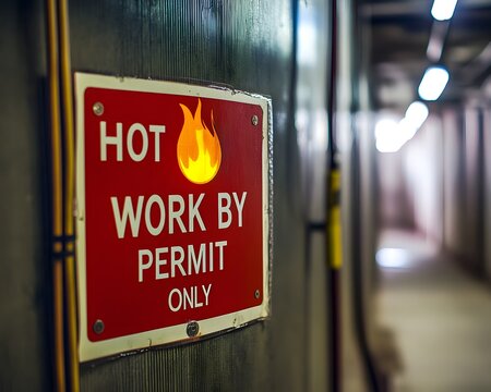 A safety sign indicating hot work conditions in an industrial environment. The bright red sign emphasizes the need for a permit to ensure safety during hazardous activities.