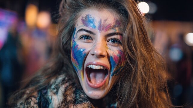 Young woman with face paint celebrating ecstatically in the street during nighttime public viewing event.