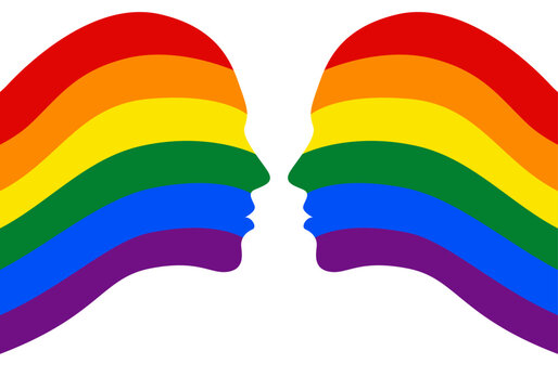 Dos perfiles humanos enfrentados con los colores de la bandera del orgullo lgbtq