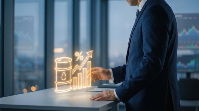 Oil Price Fluctuation Concept with Digital Energy Icon, Anonymous Executive Interacting with Market Indicator in Glass Office, Financial News and Commodity Trading Analysis