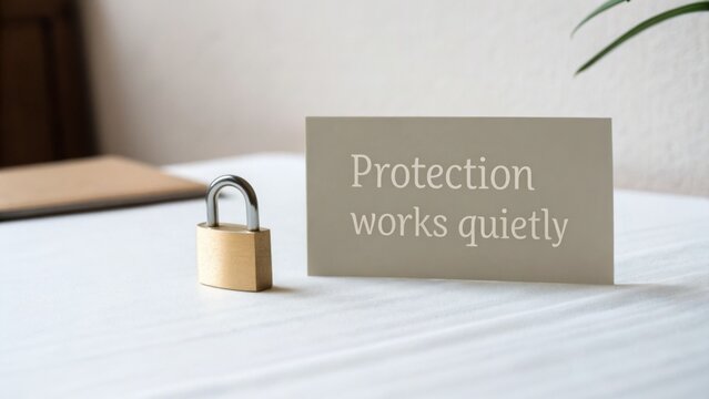Simple golden padlock on a table next to a sign reading "Protection works quietly" representing security, safety, and trustworthiness in daily life and relationships