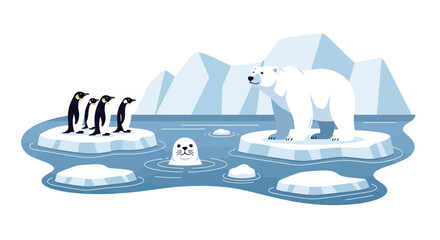 Polar bear encounters penguins and seal on melting ice floes © kadal