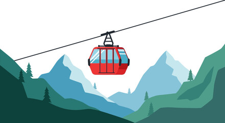Red cable car moving over mountains, scenic landscape © kadal