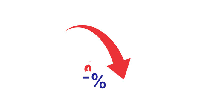 Red arrow pointing down with percentage sign, concept of decrease