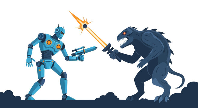 Robot vs Monster Battle - Sci-Fi Action Illustration