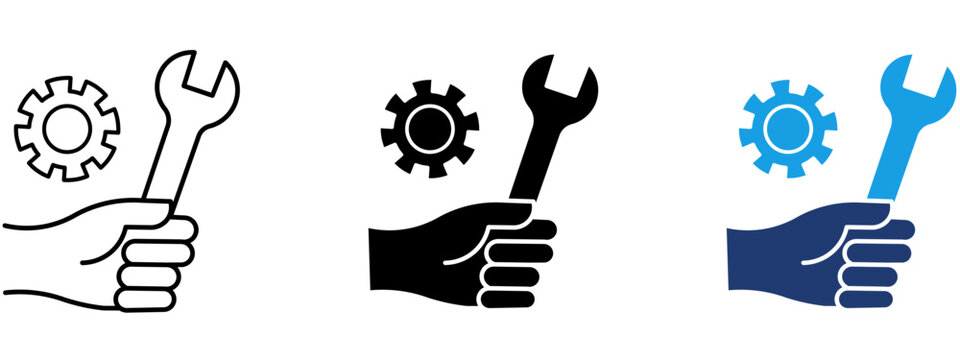 Technical support hand with wrench and gear icon collection.