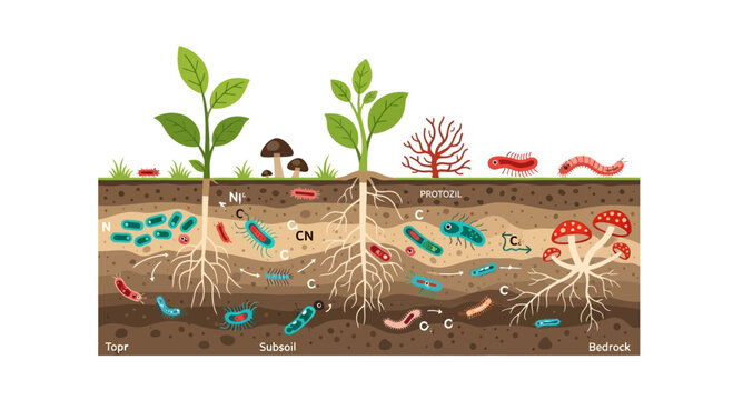 Soil Ecosystem: Microbes, Fungi, Roots, and Life Layers