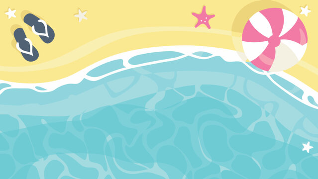 Vibrant vector illustration of a sunny beach scene featuring playful items like sandals and balls