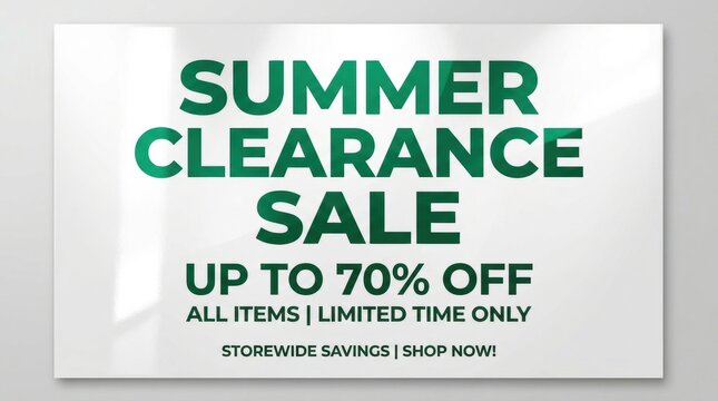Summer clearance sale poster with green text on white background, retail discount banner offering up to 70 percent off, seasonal promotion signage