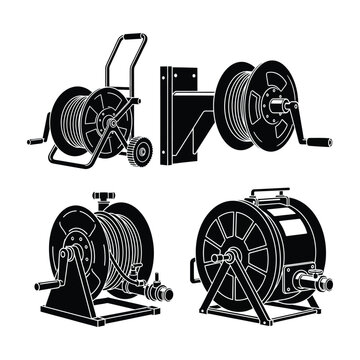 Various types of cable and hose reel equipment designs shown