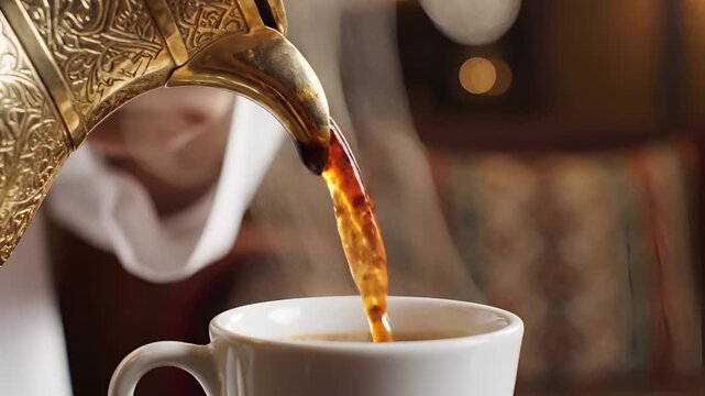 Pouring Traditional Arabic Coffee from a Dallah into a Cup.