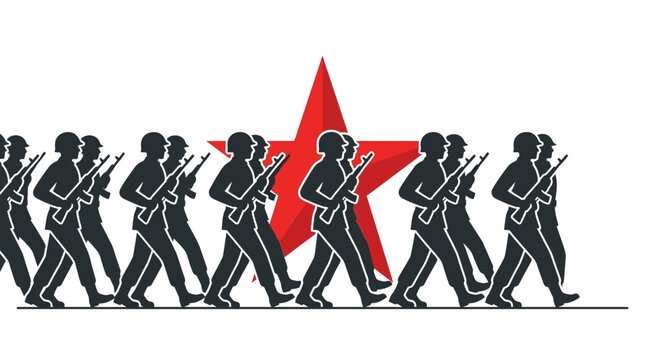 Military parade with soldiers marching in formation and a red star symbol