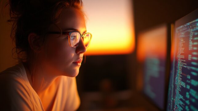 Woman coding on computer at night with warm screen glow representing software engineering workflow programming focus and modern developer productivity in dark ambient workspace