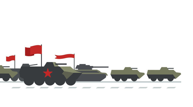 Military parade with tanks and armored vehicles, red flags, vector illustration
