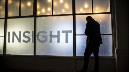 Fototapeta premium Thoughtful Individual Contemplating Life Choices in Front of Rainy Window with Glowing Decorative Lights and Insightful Text Overlay