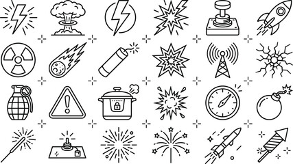 Explosion blast detonation and dangerous pyrotechnic hazard vector line icons set isolated on white background © AKTAR