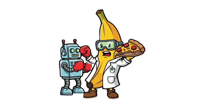Whimsical robot and banana scientist holding pizza together.