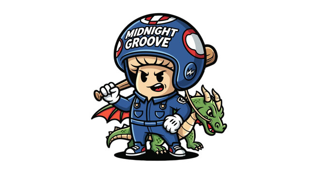Cute cartoon mushroom character with dragon sidekick design.