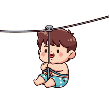 Happy toddler enjoying thrilling zip line adventure ride.