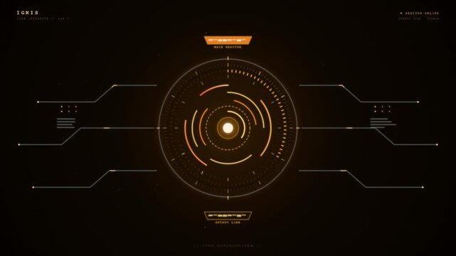 Glowing reactor core interface with rotating energy rings and power output technology display