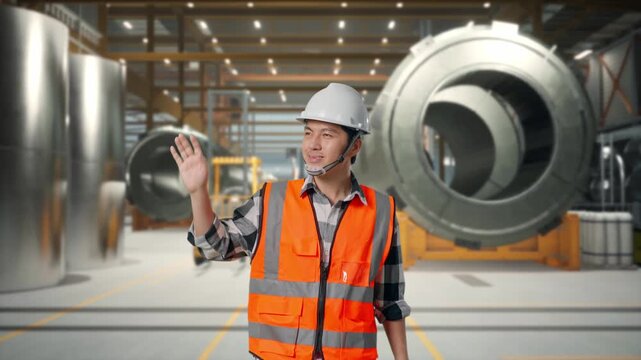 Front View of Asian Male Engineer Waving Hand Saying Bye While Walking at Heavy Factory with Large Turbine Components