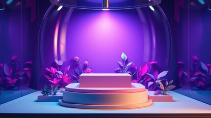 Purple stage setup. Circular platforms, vibrant foliage, dramatic lighting create futuristic display space. Minimalist design.