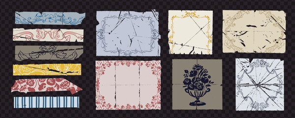 Obraz premium Faded paper with place for text. Different folded papers with vintage frames, patterns. Cutout vintage, old, damaged paper. Message, quote box. Piece, sheet of paper for notes. Floral ornaments.
