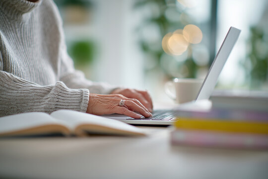 Senior embracing lifelong learning at home, representing growth, curiosity, and modern active retirement. Elderly, senior woman studying at home dest, laptop, books. Active seniors, healthy aging.