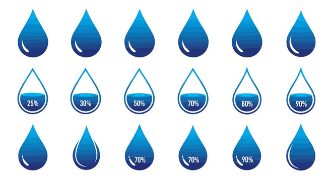 Collection of blue water drop icons representing hydration levels and daily liquid intake balance with liquid measurement indicators for health and wellness tracking infographic elements.