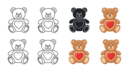 Obraz premium Adorable Teddy Bear Icon Collection Featuring Love Hearts for Gifting Concepts; Minimalist Plush Toy Symbols in Outline, Solid, and Vibrant Color Styles for Graphic Design and Celebration Layouts.