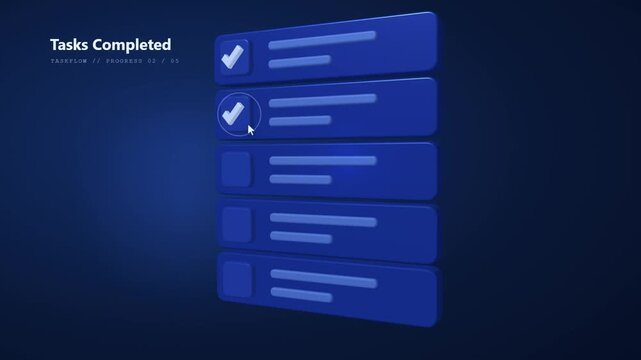 Three dimensional task list checklist completing with checkmarks and cursor clicking final item