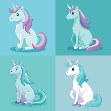 for unicorn set Full Body Cute Unicorn Coloring Page for Kids, Standing Pony Line Art Pack for KDP Four distinct full-body cartoon unicorn figures