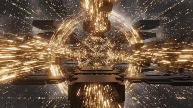 Futuristic engine core radiates golden light and energy beams in a complex mechanical space structure.