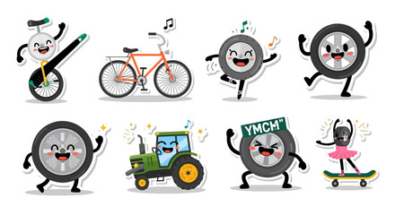 Cute Cartoon Wheels, Bicycle, Tractor, Unicycle, Dancing © punduh