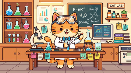 Fototapeta premium Cute Cat Scientist in Lab Coat Working with Beakers and Microscope