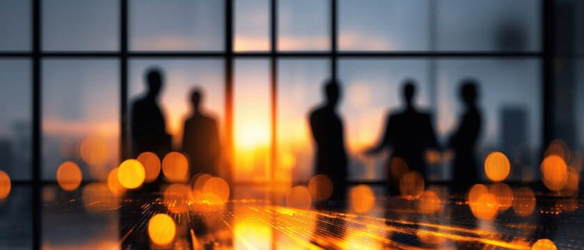 Business professionals in silhouette having corporate meeting during sunset with digital bokeh light background