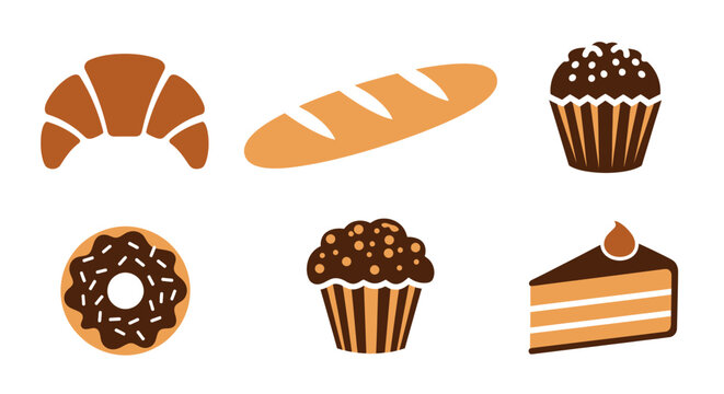 Bakery Icons: Croissant, Baguette, Donut, Cupcakes, Cake Slices