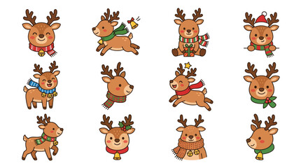Collection of cute cartoon reindeer stickers in various poses. © bogel
