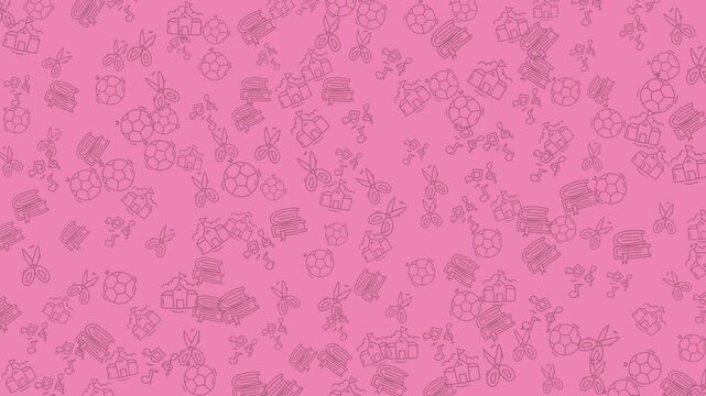 Vibrant pink animated background with a seamless pattern of playful line art icons. Features elements like books, soccer balls, and scissors, ideal for educational, creative, or children's themed
