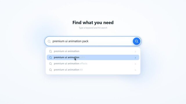 Website search bar interface with autocomplete dropdown suggestions and typing cursor animation