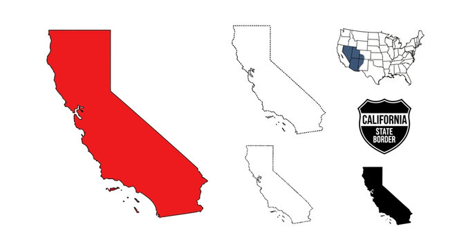 Collection of California State Silhouette Map Icons Featuring Red Fill Outline Dotted Pattern and Solid Black Vector Graphic Design for USA Geographic Representation
