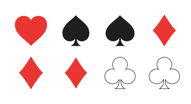 Comprehensive collection of card suit icons featuring heart, spade, diamond, and club shapes in modern flat and minimalist outline styles, professional vector illustration for casino gaming.
