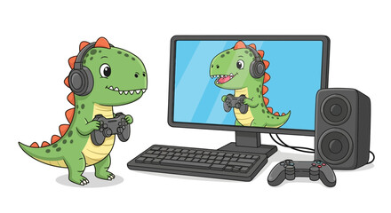 Cute dinosaur playing video games on computer with headphones © punduh