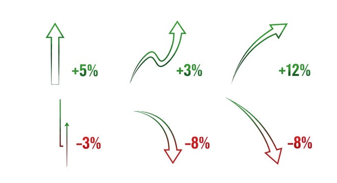 Abstract financial infographic elements featuring linear and curved arrow icons representing upward growth and downward decline with percentage symbols for data analysis vector.