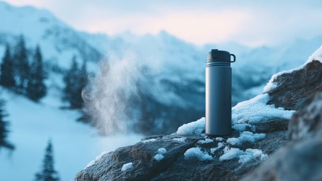Steaming insulated thermos bottle resting on snowy rocky mountain edge