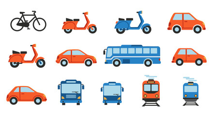 Naklejka premium Collection of diverse urban transport vehicles: bicycle, scooters, cars, buses, tram, train