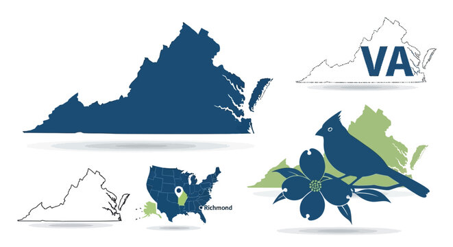Comprehensive Virginia State Map Icon Set featuring Solid Silhouette Dotted Pattern Outline Graphic and VA Label Signs for United States of America East Coast Regional Design Projects